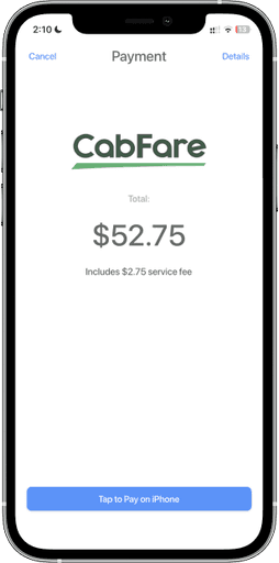 CabFare app payment screen showing a total of $52.75, including a $2.75 service fee, with a "Tap to Pay on iPhone" button.