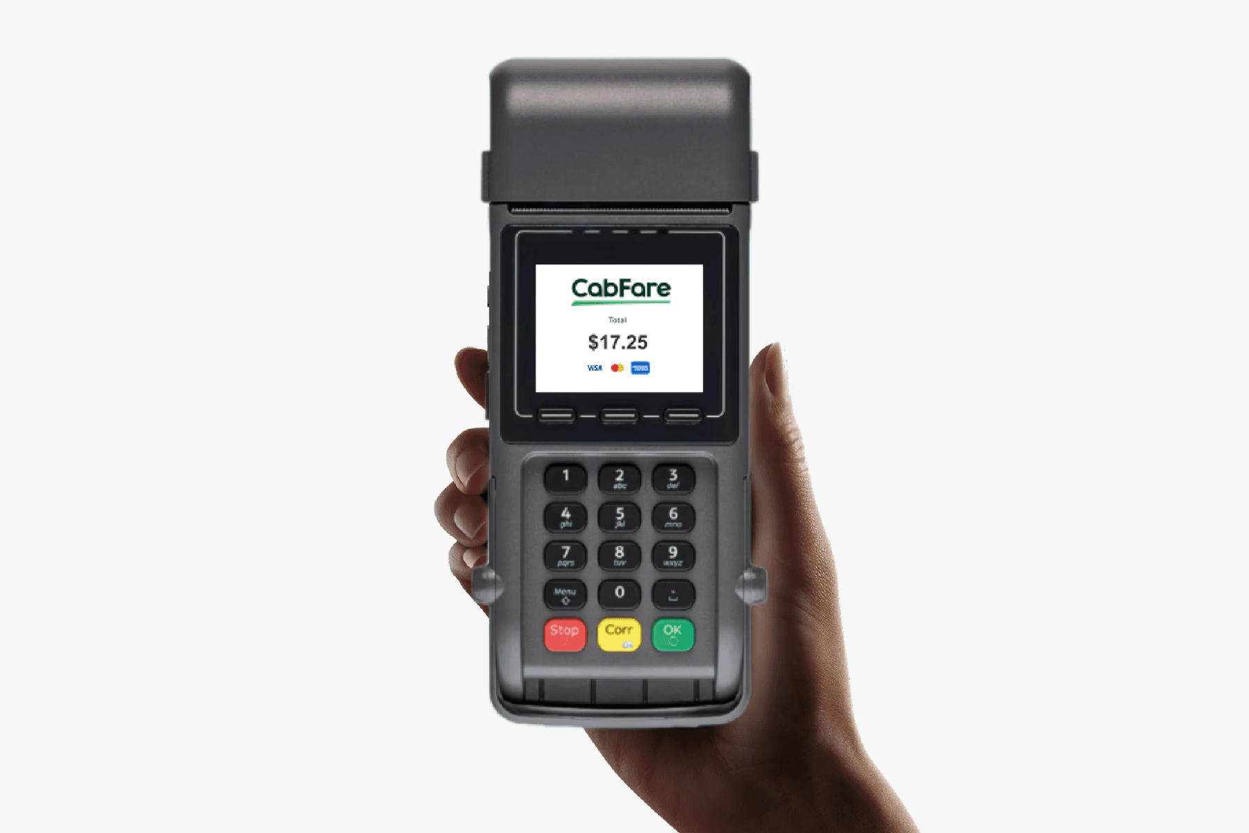 Hand holding a black CabFair payment terminal displaying a $17.25 transaction. The device has a numeric keypad and card readers.
