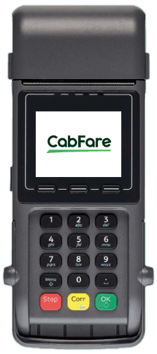 CabFare payment terminal with keypad and display showing the CabFare logo.